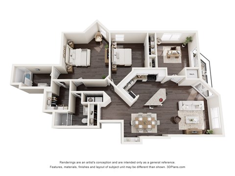 Floor plan for 3 beds, 2 baths, 1312 sqft